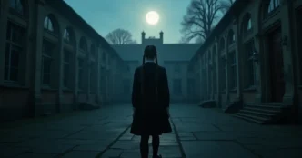 Image of Wednesday Addams walking toward Nevermore Academy at night.