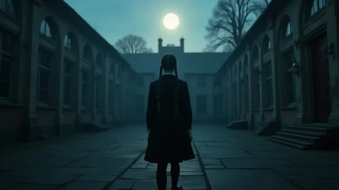 Image of Wednesday Addams walking toward Nevermore Academy at night.