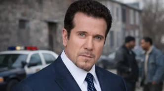 Portrait of Bobby J Brown in a blue suit standing on an urban street scene inspired by The Wire