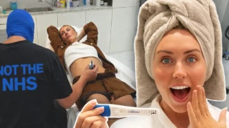 Bonnie Blue reacts in shock holding a positive pregnancy test beside a clinic treatment scene
