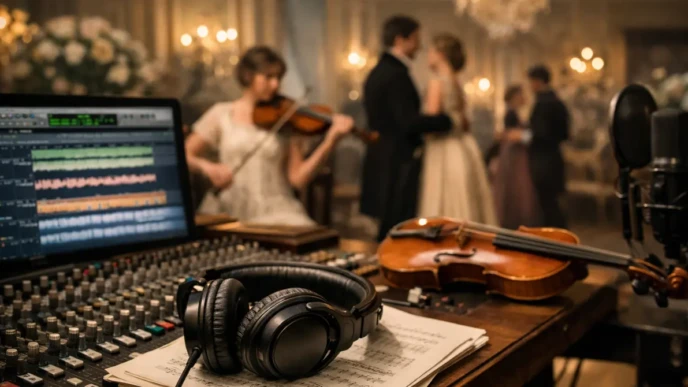 Behind-the-scenes orchestral recording setup representing Bridgerton Season 4 soundtrack strategy in a grand ballroom setting