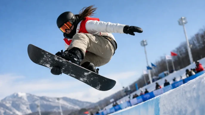 Chloe Kim airborne during Winter Olympics halfpipe final run, performing a grab above snowy course