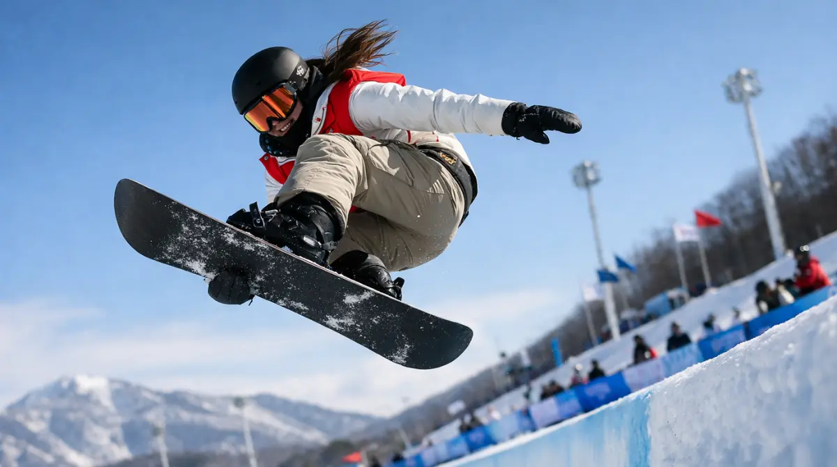 Chloe Kim airborne during Winter Olympics halfpipe final run, performing a grab above snowy course