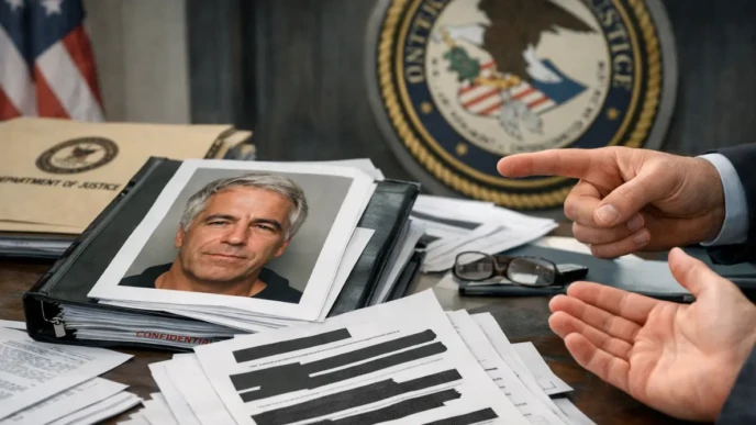 Redacted Epstein case documents and DOJ file on a desk during a legal records review