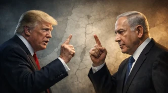 Donald Trump and Benjamin Netanyahu face off in a tense political confrontation, pointing upward while arguing under dramatic cinematic lighting.