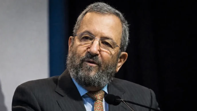 Ehud Barak speaking at a public event amid ongoing discussion around the Ehud Barak Epstein relationship
