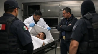 Forensic personnel and officials oversee El Mencho’s body inside a Mexico City prosecutor’s custody facility