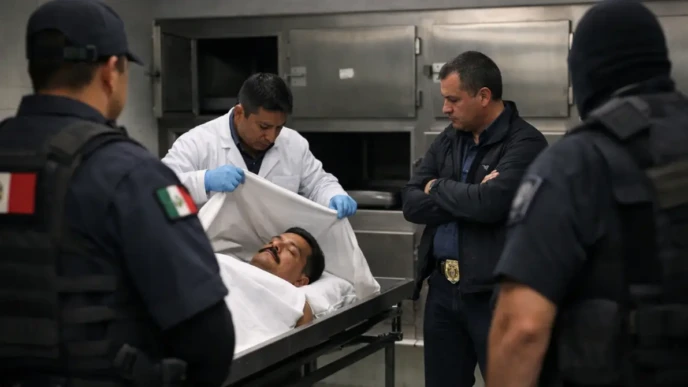 Forensic personnel and officials oversee El Mencho’s body inside a Mexico City prosecutor’s custody facility