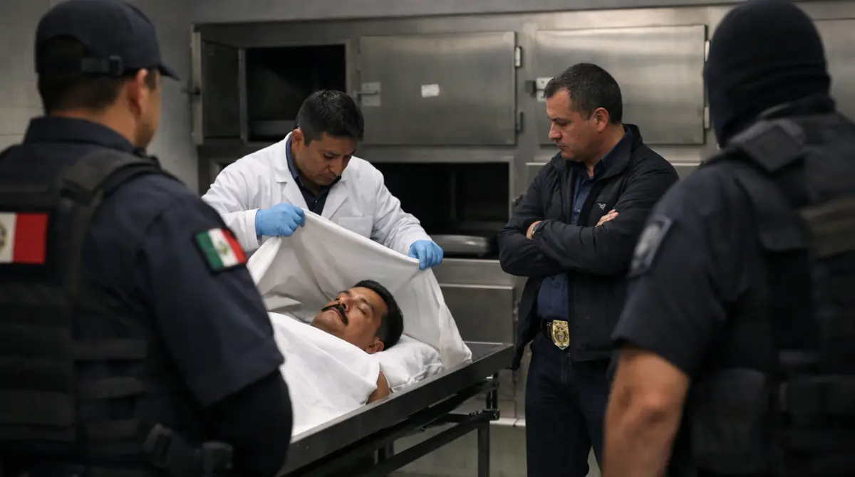 Forensic personnel and officials oversee El Mencho’s body inside a Mexico City prosecutor’s custody facility