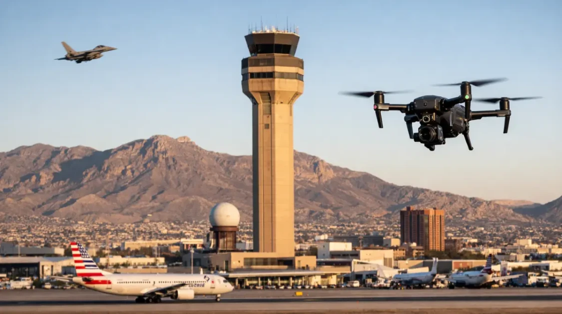 Drone hovering near El Paso airport control tower as aircraft sit on runway following temporary airspace closure
