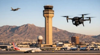 Drone hovering near El Paso airport control tower as aircraft sit on runway following temporary airspace closure