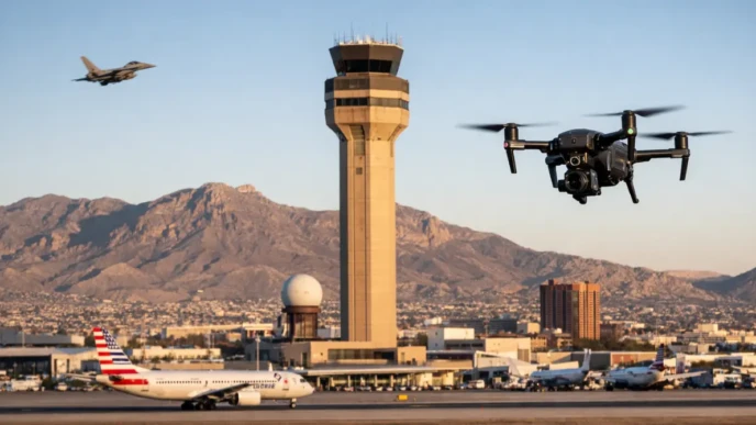 Drone hovering near El Paso airport control tower as aircraft sit on runway following temporary airspace closure