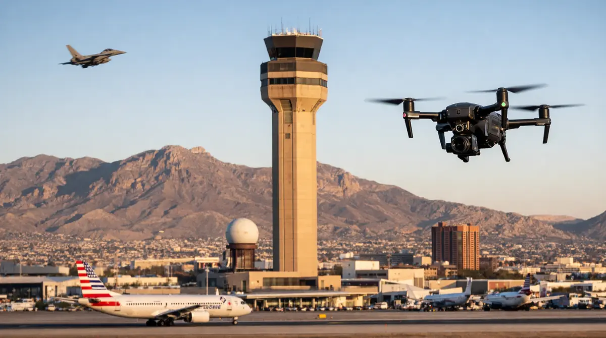 Drone hovering near El Paso airport control tower as aircraft sit on runway following temporary airspace closure