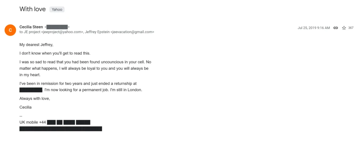 Screenshot of a 2019 email sent to Jeffrey Epstein expressing loyalty after reports he was found unconscious in jail