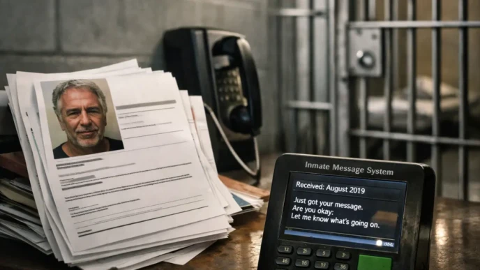 Stack of printed emails and a prison phone inside a dimly lit jail cell representing a 2019 inmate message archive