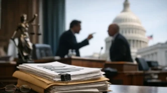 Epstein Files List to Congress documents stacked on desk with U.S. Capitol and lawmakers in background