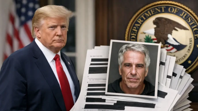 Documents with redactions during Epstein Files Release beside political figure