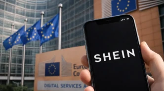 Smartphone displaying Shein app logo outside European Commission building during EU Digital Services Act investigation