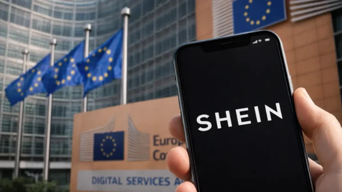Smartphone displaying Shein app logo outside European Commission building during EU Digital Services Act investigation