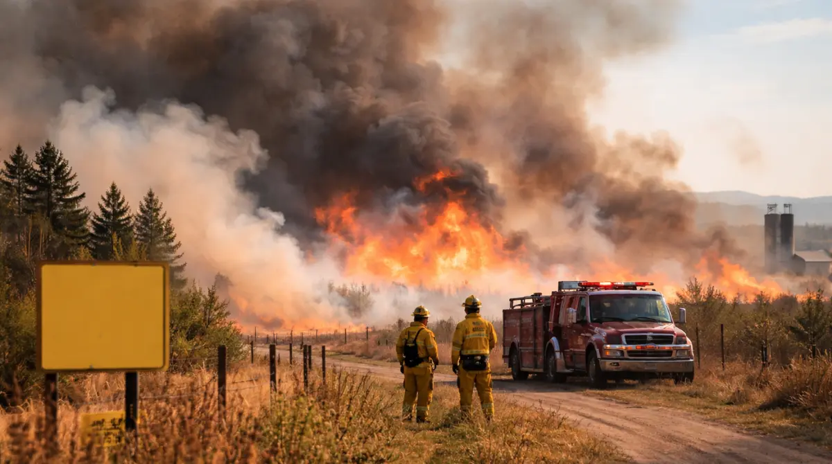 Firefighters monitor fast-spreading wildfire in dry Midwest field under fire weather watch conditions