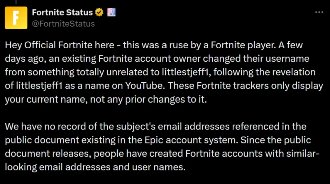 Screenshot of a verified post by Fortnite Status explaining that a circulating Fortnite username was created by a player as a ruse and is not linked to any previously reported email addresses or accounts