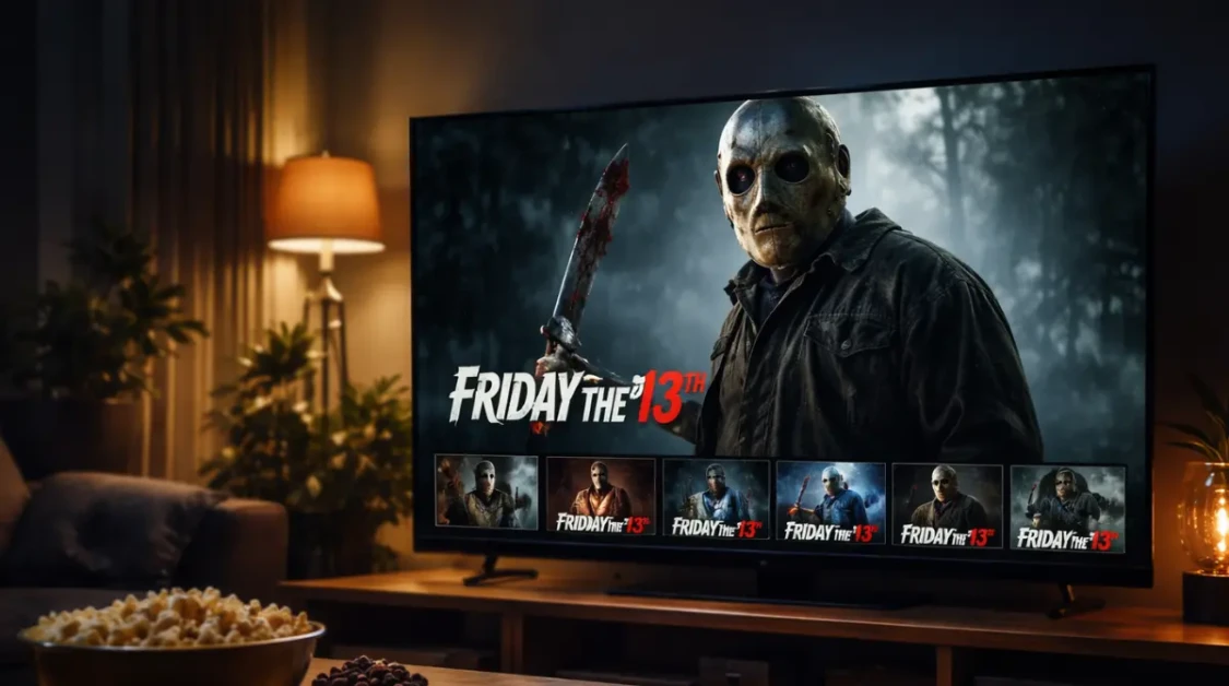 Living room television displaying a Friday the 13th horror movie scene during a late-night streaming setup