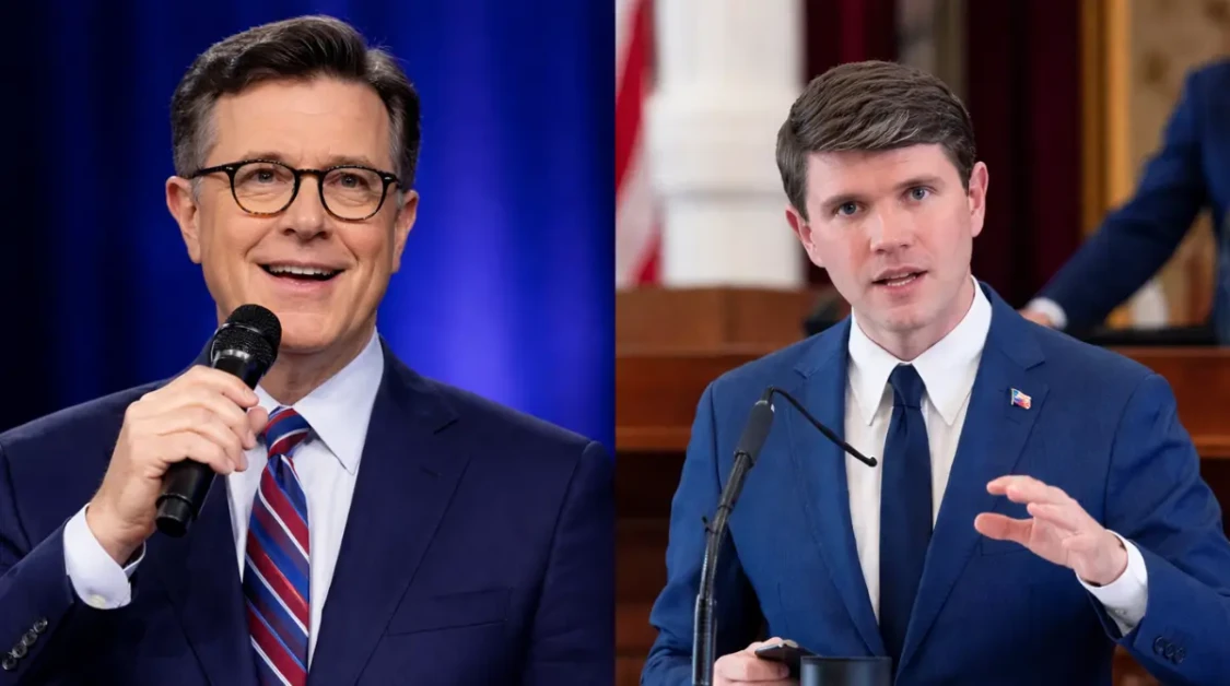 James Talarico speaking at a podium in a split-screen image with Stephen Colbert on a blue stage background.
