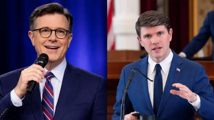 James Talarico speaking at a podium in a split-screen image with Stephen Colbert on a blue stage background.