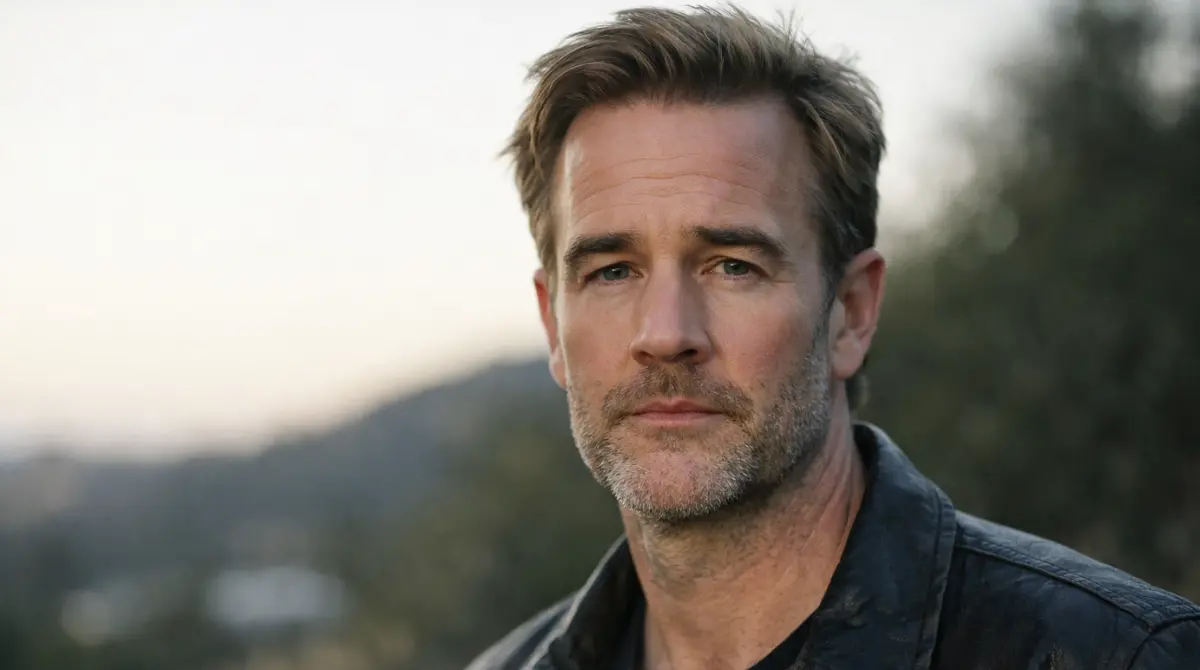Portrait of James Van Der Beek outdoors at dusk with a solemn expression against a softly blurred natural background