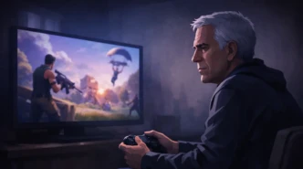 Stylized editorial illustration of Jeffrey Epstein seated alone in a dimly lit room, holding a game controller and playing a video game on a glowing screen, with a dark and reflective mood