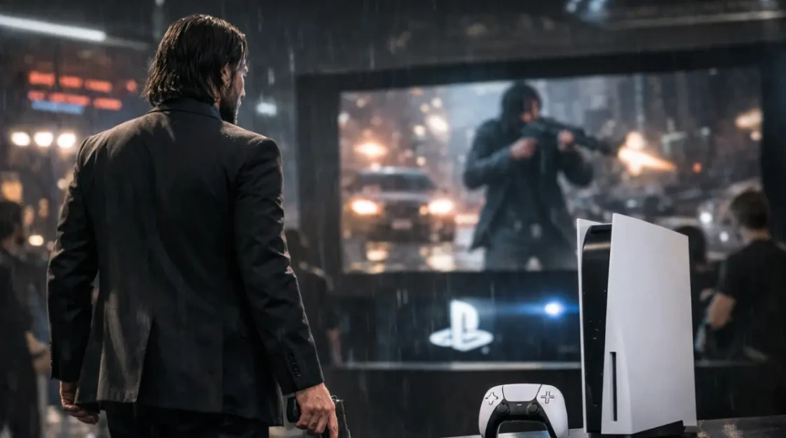 Man in dark suit holding handgun stands beside PS5 console during cinematic game reveal scene
