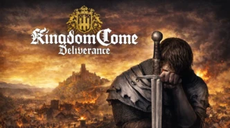 Landscape poster of Kingdom Come featuring armored knight with sword before burning medieval castle and battlefield