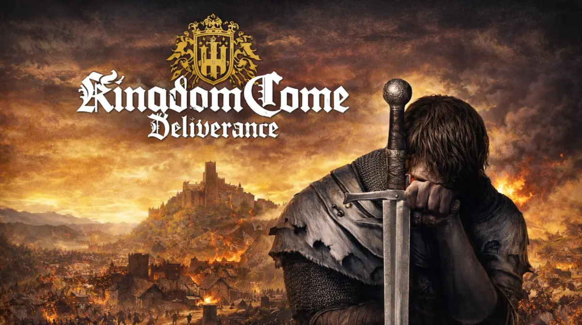 Landscape poster of Kingdom Come featuring armored knight with sword before burning medieval castle and battlefield