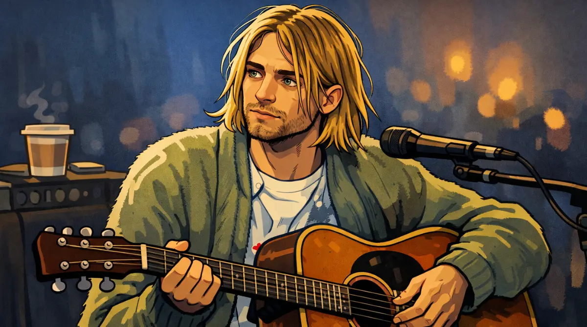 Animated illustration of Kurt Cobain holding an acoustic guitar during an intimate performance setting