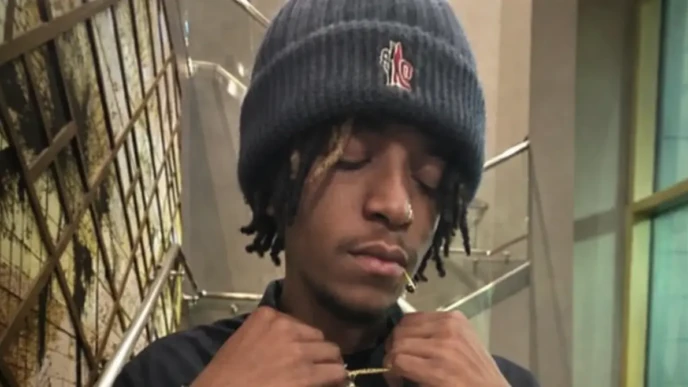 Luci4 wearing a dark beanie and adjusting a gold chain necklace in an indoor setting
