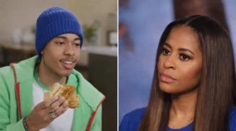 Mary Cosby in a split-screen editorial image opposite a young man eating at a table in a clean indoor setting.