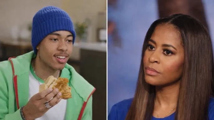 Mary Cosby in a split-screen editorial image opposite a young man eating at a table in a clean indoor setting.