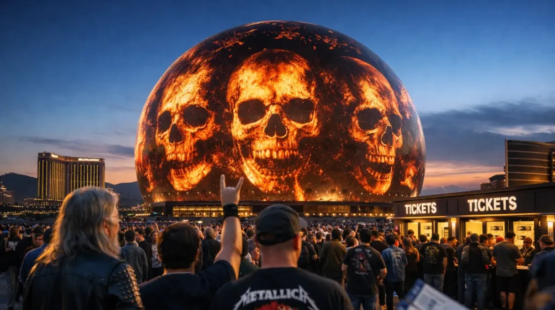 Crowds gather outside the Las Vegas Sphere for a Metallica Sphere residency concert night