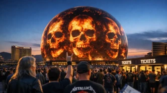 Crowds gather outside the Las Vegas Sphere for a Metallica Sphere residency concert night