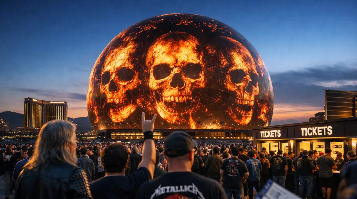 Crowds gather outside the Las Vegas Sphere for a Metallica Sphere residency concert night