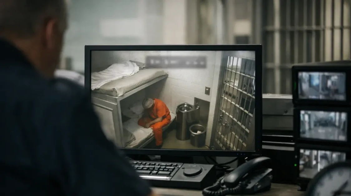 Control room monitor showing jail surveillance footage linked to the Missing Minute From Epstein Jail Video case