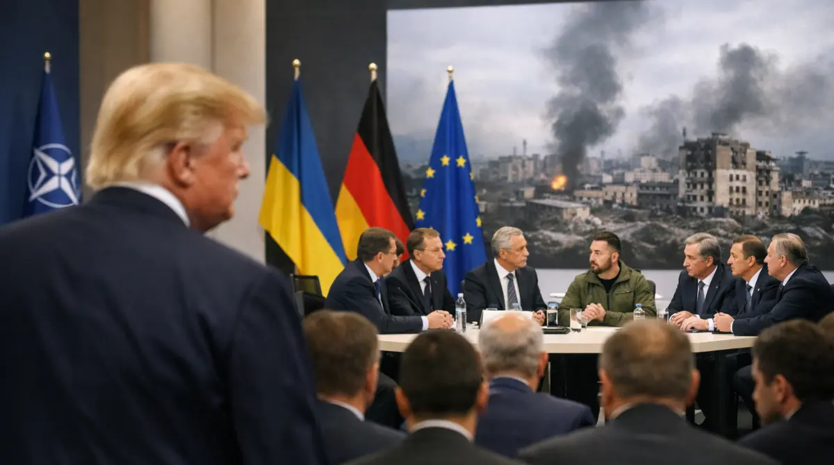 Former US President observing Ukraine-focused talks at Munich Security Conference 2026 with NATO, EU, Germany and Ukraine flags