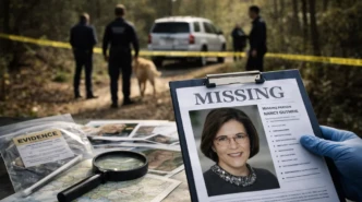 Investigators search wooded area with Nancy Guthrie missing case poster and evidence displayed in foreground
