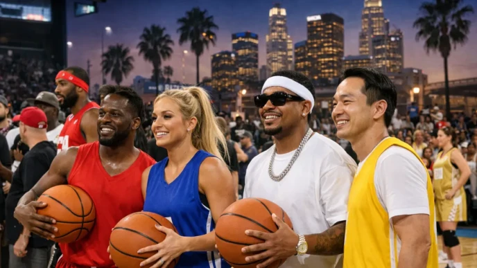 Celebrities pose with basketballs on a Los Angeles court during the NBA All Stars Celebrity Game event