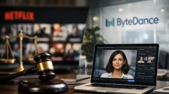 Netflix legal dispute concept showing courtroom gavel and AI video tool on laptop in split editorial scene