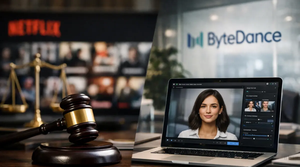 Netflix legal dispute concept showing courtroom gavel and AI video tool on laptop in split editorial scene