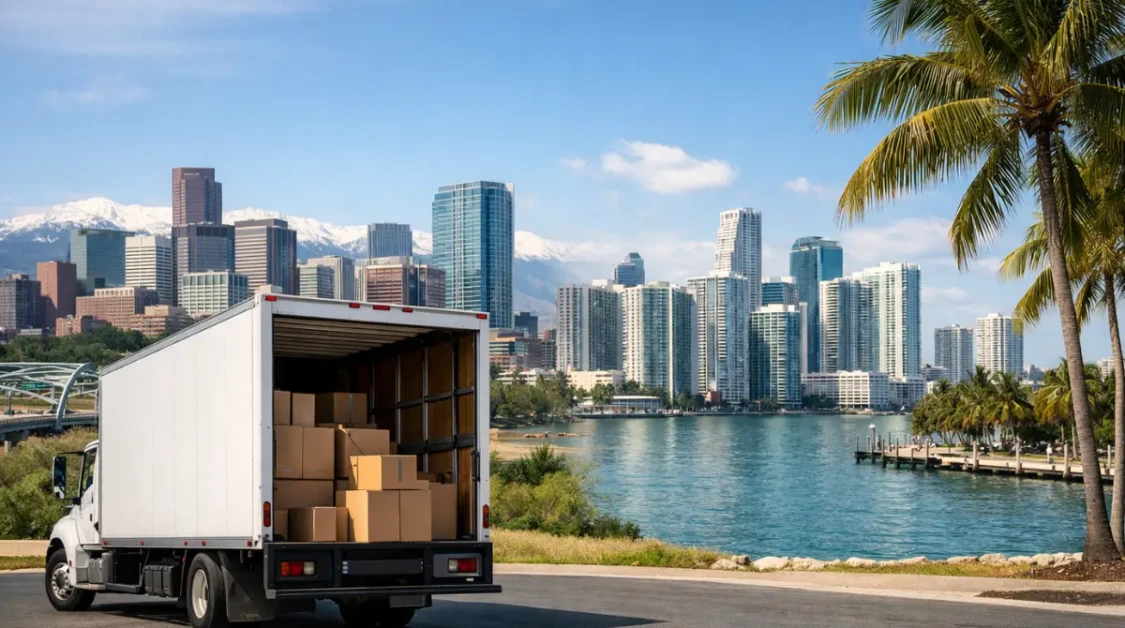 Moving truck between Denver skyline and Miami waterfront symbolizing Palantir Headquarters Move to Miami