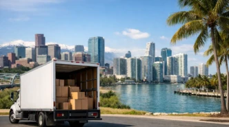 Moving truck between Denver skyline and Miami waterfront symbolizing Palantir Headquarters Move to Miami