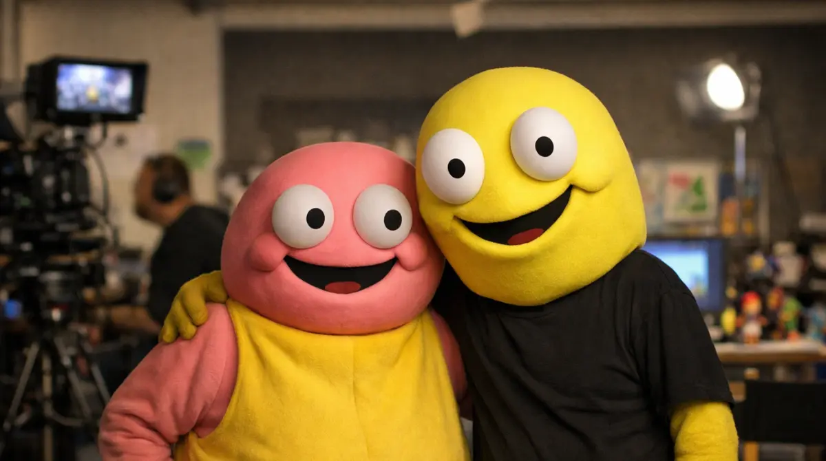 Smiling face mascots posing together on a studio set after Season 3 conclusion announcement