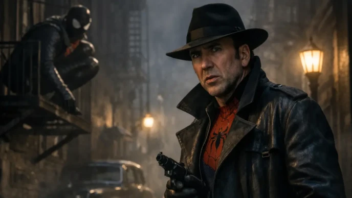 Nicolas Cage as Ben Reilly in a dark 1930s New York alley, wearing a trench coat and fedora in a noir setting